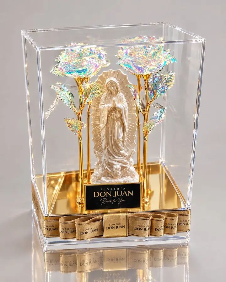 Caja de lujo de 4 rosas Galaxy con Virgen — Rosas eternas de Florería Don Juan, fotografía studio