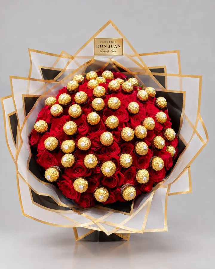 Buchón de 100 rosas  con 50 Ferreros — Ramos y buchones de Florería Don Juan, fotografía studio — vista de frente