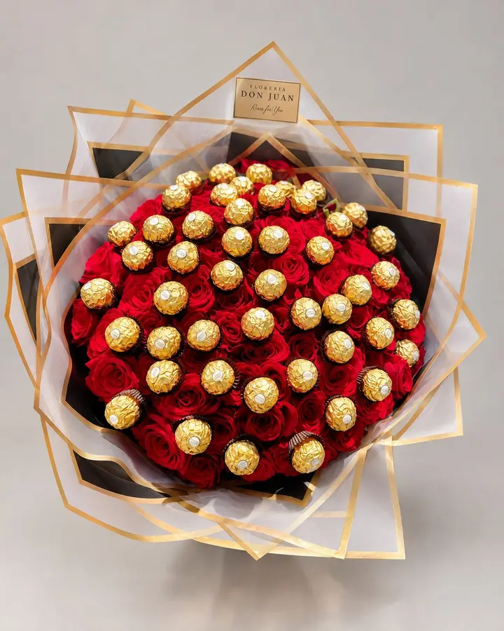 Buchón de 100 rosas  con 50 Ferreros — Ramos y buchones de Florería Don Juan, fotografía studio