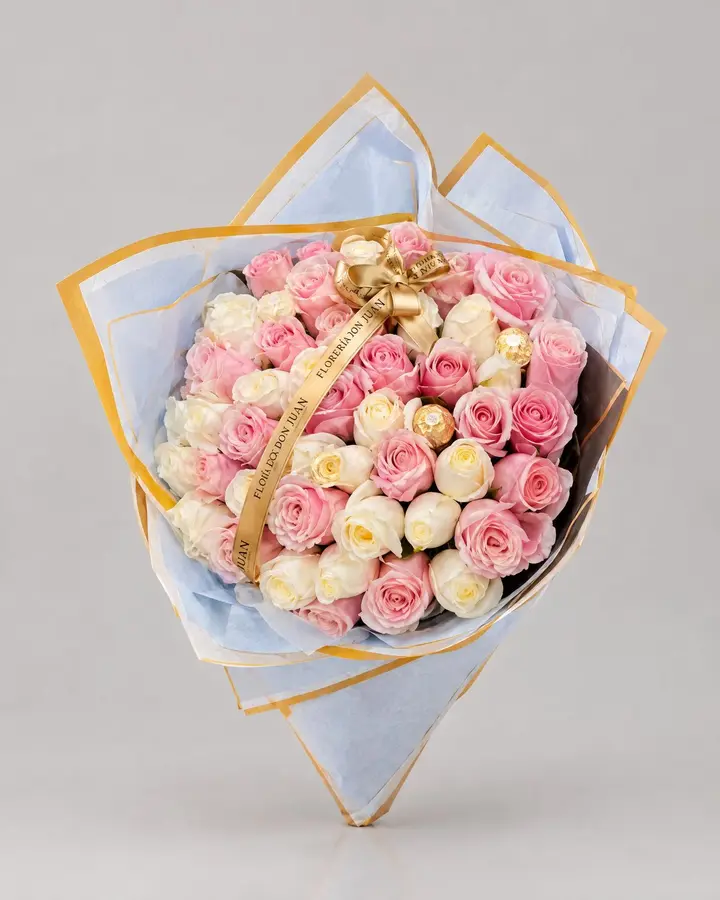 Cono de 50 rosas rosado — Ramos y buchones de Florería Don Juan, fotografía studio — vista de frente
