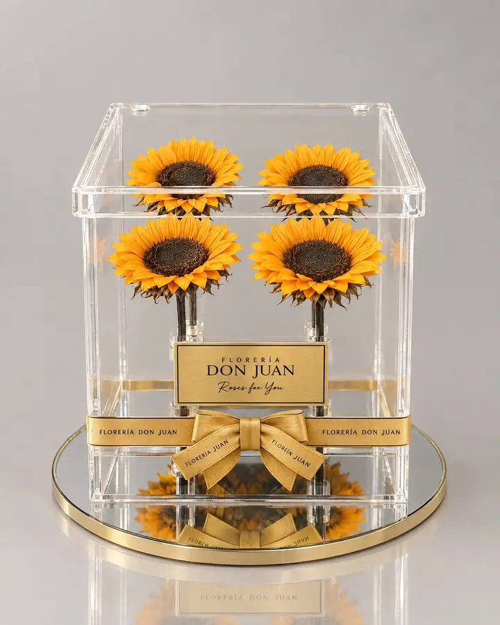 Jardín de girasoles preservados — Girasoles y amarillas de Florería Don Juan, fotografía studio — vista de frente