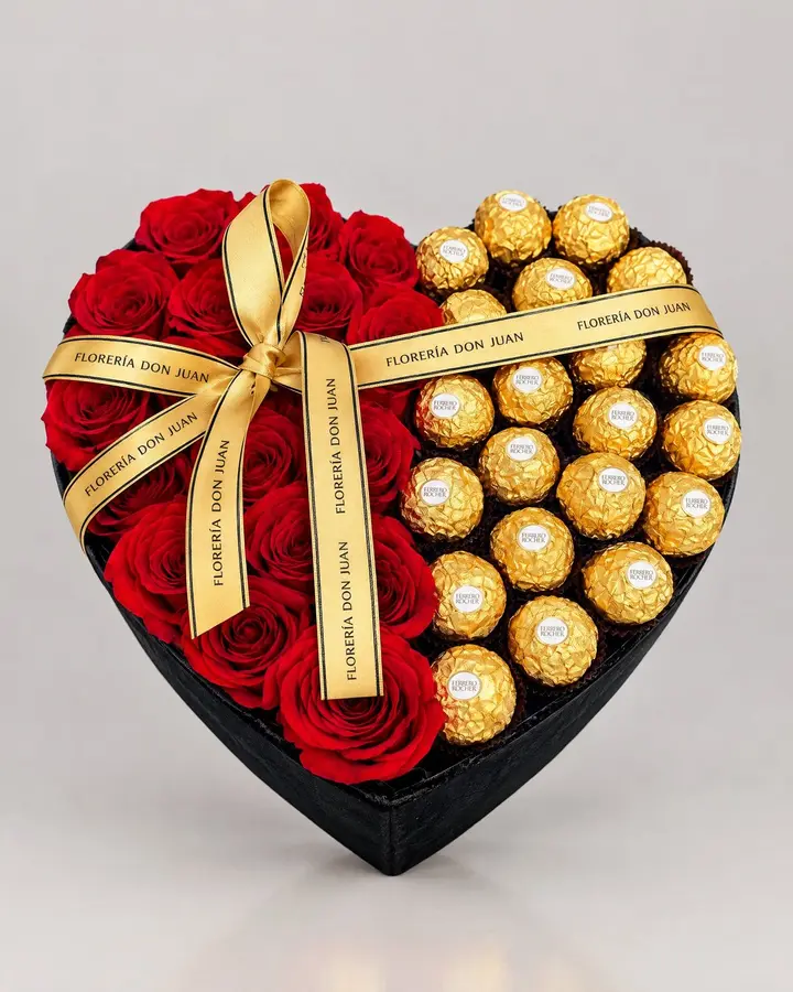 Rosas y Ferrero — Corazones de Florería Don Juan, fotografía studio — vista de frente