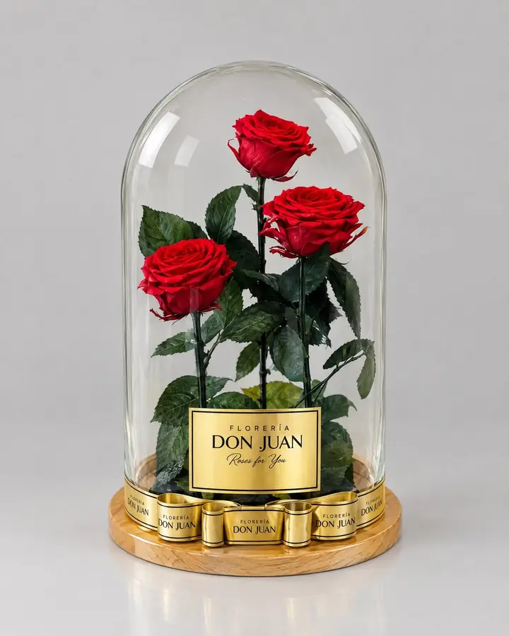Cúpula gigante de de 50 cm de 3 rosas premium — Rosas eternas de Florería Don Juan, fotografía studio — vista de frente