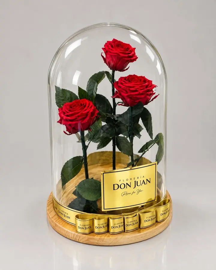 Cúpula gigante de de 50 cm de 3 rosas premium — Rosas eternas de Florería Don Juan, fotografía studio