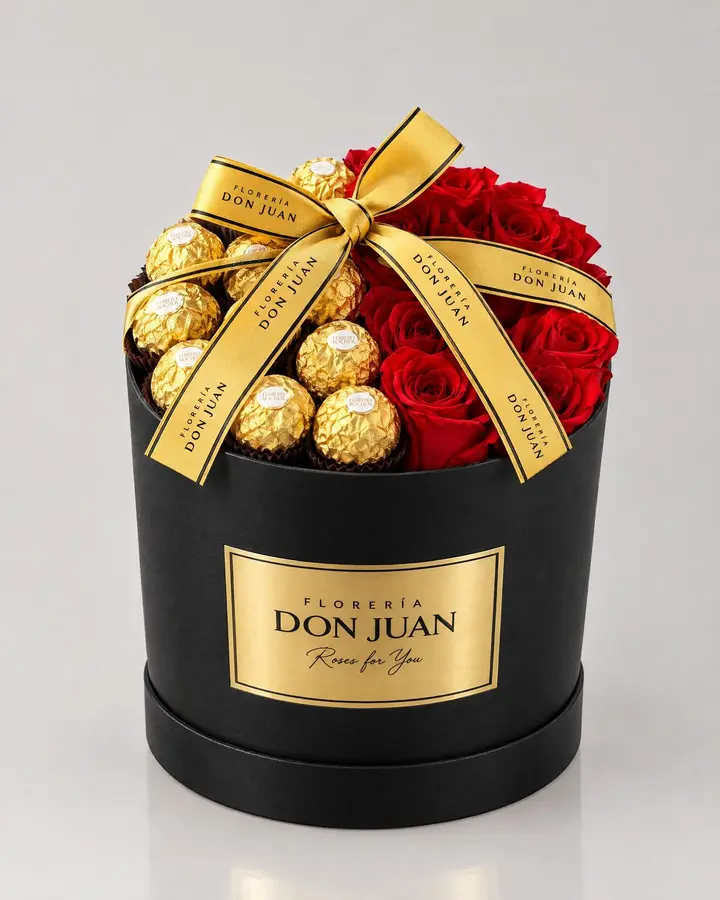 Cilindro de rosas y Ferrero — Ramos y buchones de Florería Don Juan, fotografía studio — vista de frente