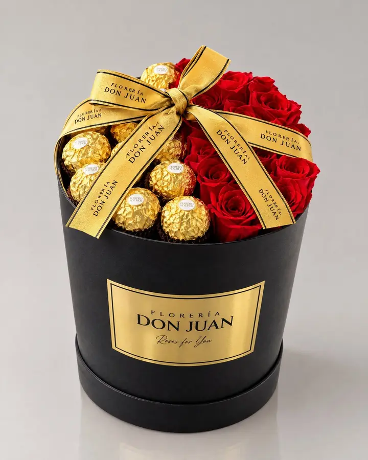 Cilindro de rosas y Ferrero — Ramos y buchones de Florería Don Juan, fotografía studio