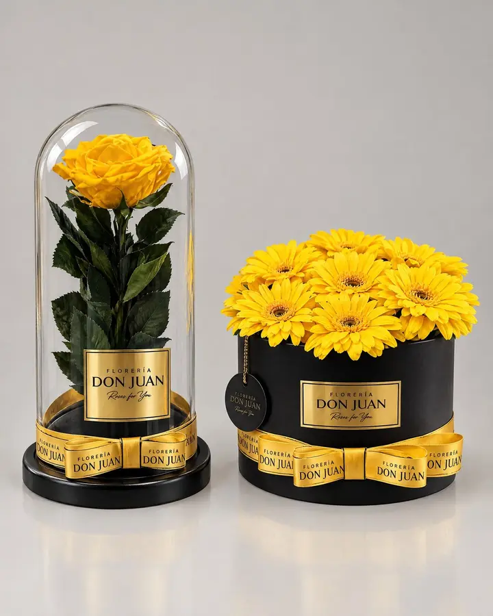 Rosa eterna amarilla — Girasoles y amarillas de Florería Don Juan, fotografía studio — vista de frente