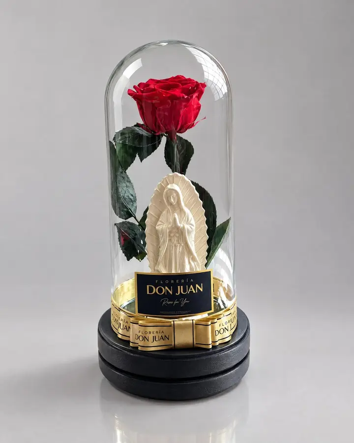 Rosa preservada con virgen Guadalupe — Rosas eternas de Florería Don Juan, fotografía studio