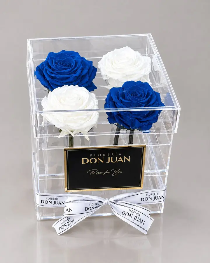 Caja de 4 rosas premium — Rosas eternas de Florería Don Juan, fotografía studio