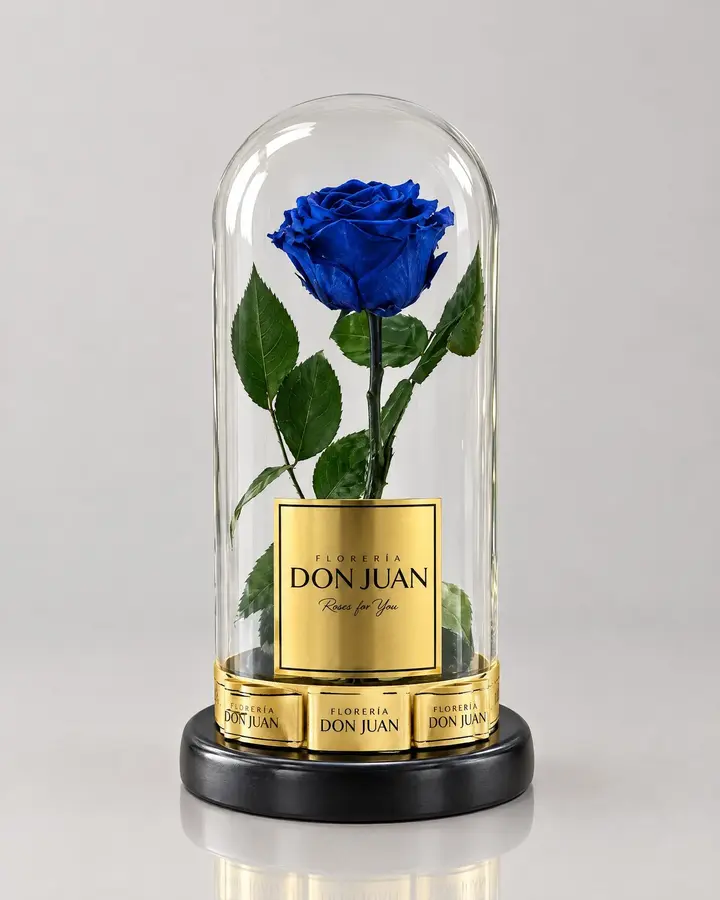 Rosa preservada azul — Rosas eternas de Florería Don Juan, fotografía studio — vista de frente