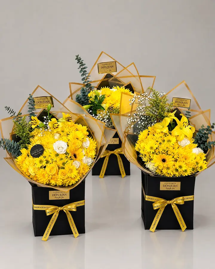 Bouquet amarillo grande — Girasoles y amarillas de Florería Don Juan, fotografía studio — vista de frente