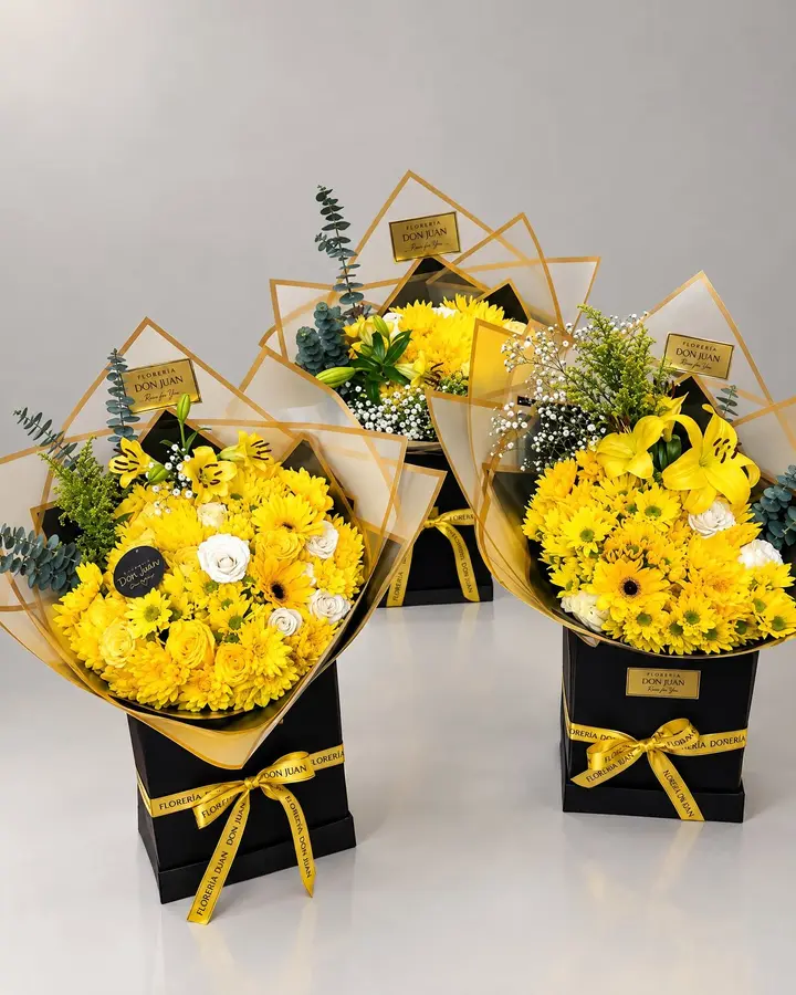 Bouquet amarillo grande — Girasoles y amarillas de Florería Don Juan, fotografía studio