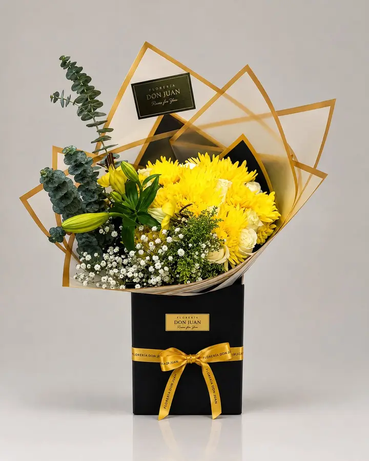 Bouquet amarillo — Girasoles y amarillas de Florería Don Juan, fotografía studio — vista de frente