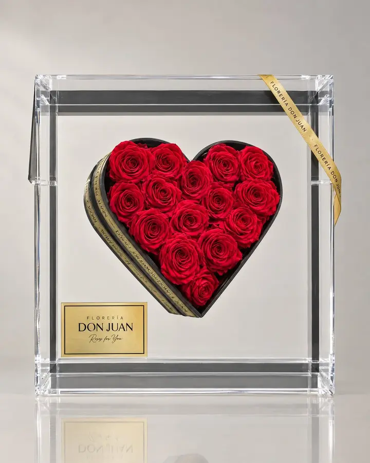 Corazón de preservadas Deluxe en acrílico — Corazones de Florería Don Juan, fotografía studio — vista de frente