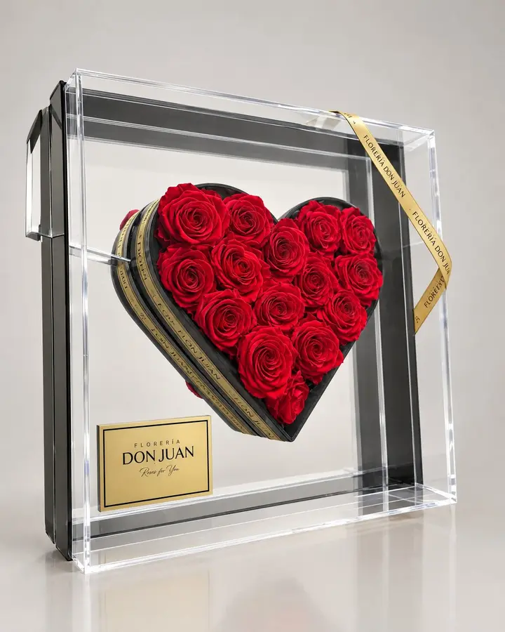Corazón de preservadas Deluxe en acrílico — Corazones de Florería Don Juan, fotografía studio