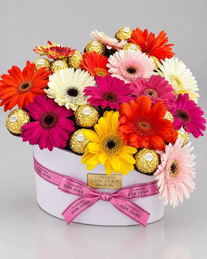 Corazón en gerberas y Ferrero — Corazones de Florería Don Juan, fotografía studio — vista de frente