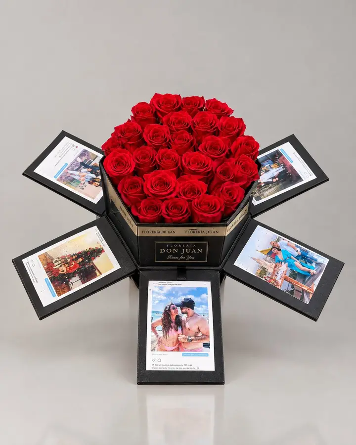 Caja sorpresa con  fotos y chocolates — Ramos y buchones de Florería Don Juan, fotografía studio — vista de frente
