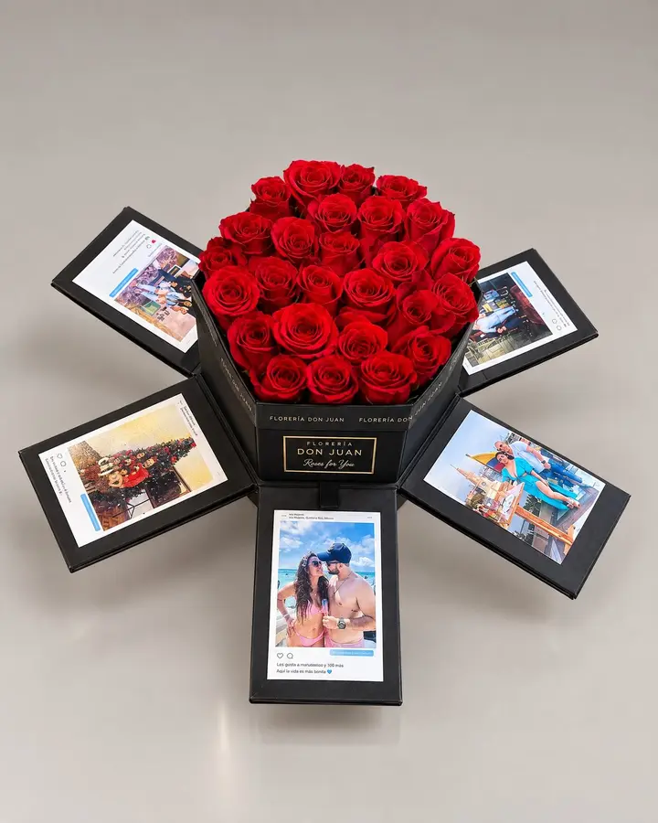 Caja sorpresa con  fotos y chocolates — Ramos y buchones de Florería Don Juan, fotografía studio