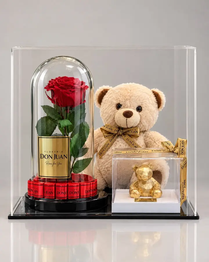 Box acrílico mediana 35 cm — Combos de celebración de Florería Don Juan, fotografía studio — vista de frente