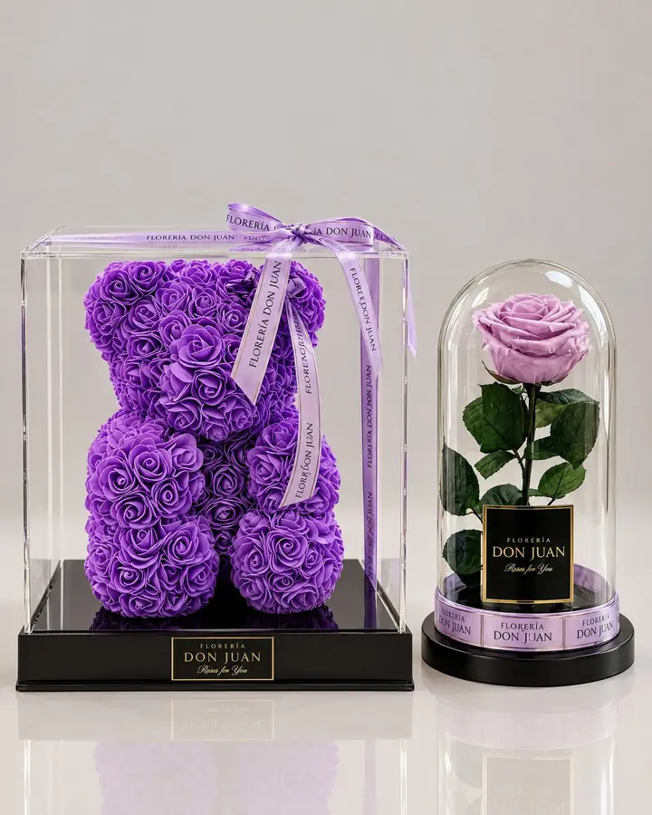Teddy y rosa eterna — Combos de celebración de Florería Don Juan, fotografía studio — vista de frente