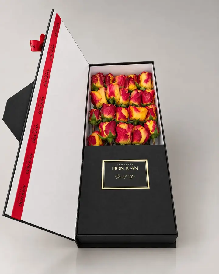 Caja Premium 24 rosas — Cajas de lujo de Florería Don Juan, fotografía studio