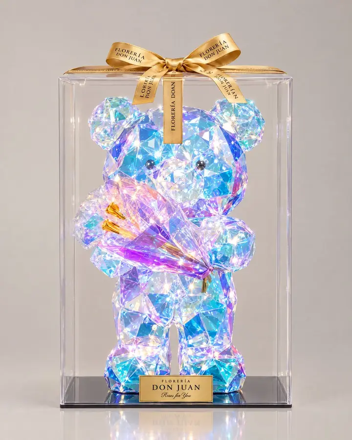 Oso luminoso con ramo galaxy — Teddys y figuras de Florería Don Juan, fotografía studio — vista de frente